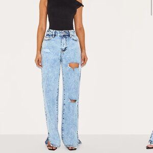 PETITE ICE BLUE RIPPED SPLIT HEM JEANS